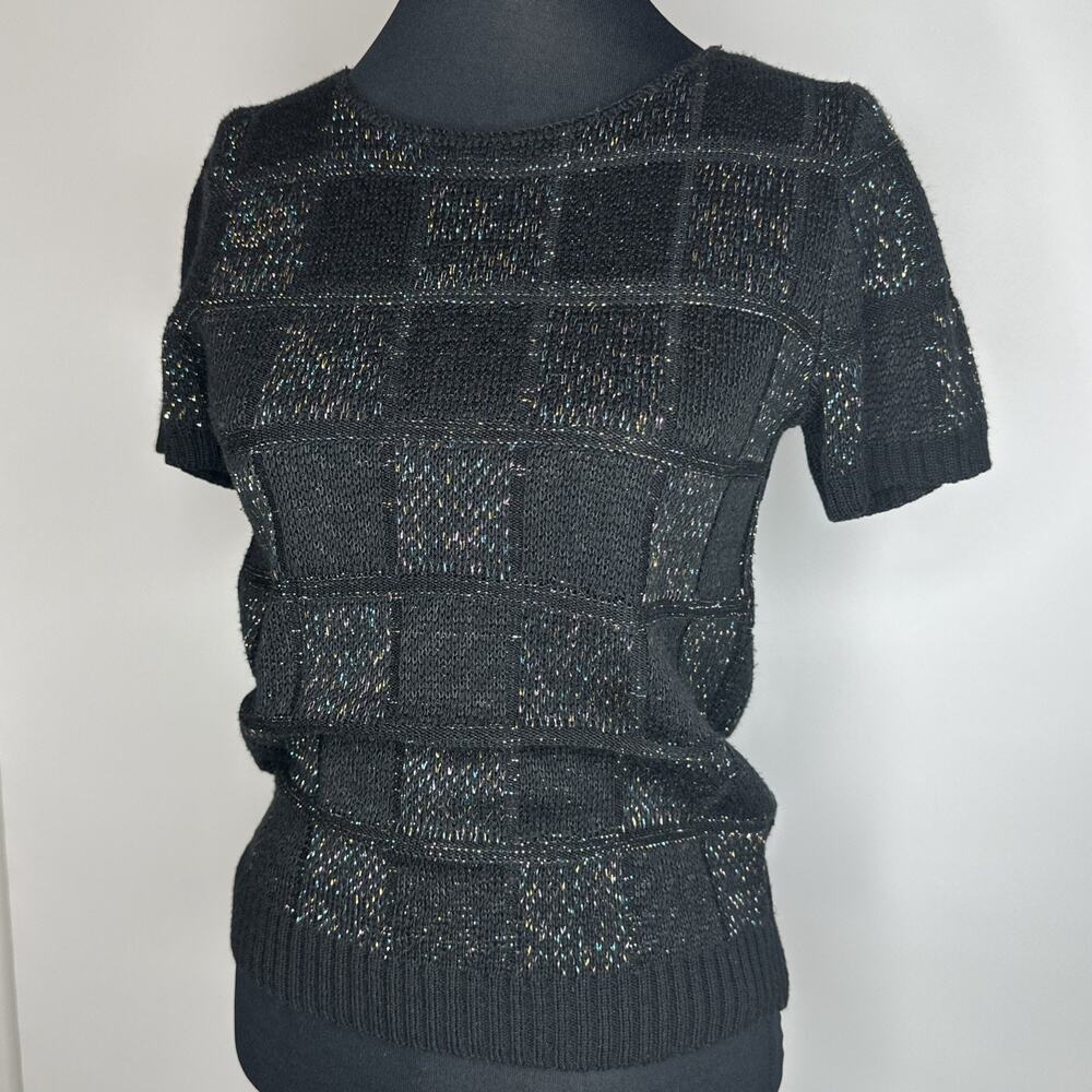 Vintage Kenneth Too 80s Sweater Shirt Sz Small Metallic Stretch Short Sleeve